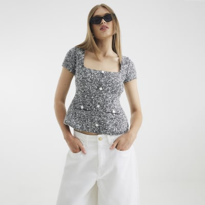 Black Boucle Cap Sleeve Button Top