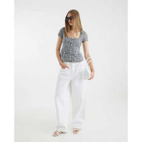Black Boucle Cap Sleeve Button Top