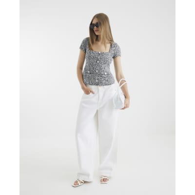 Black Boucle Cap Sleeve Button Top