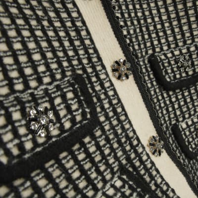 Black Boucle Check Knit Cardigan