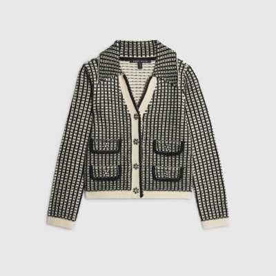 Black Boucle Check Knit Cardigan