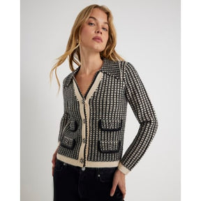 Black Boucle Check Knit Cardigan