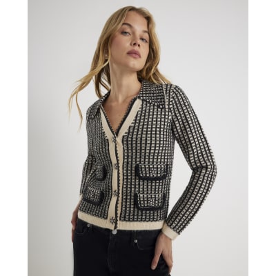 Black Boucle Check Knit Cardigan