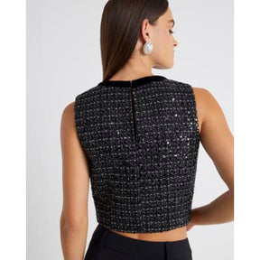 Black Boucle Sleeveless Bow Front Top