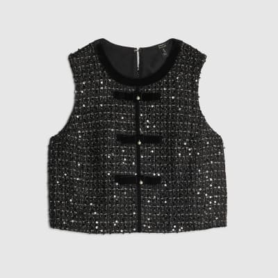 Black Boucle Sleeveless Bow Front Top