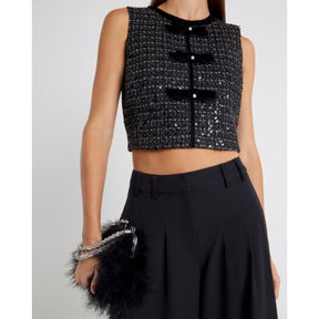 Black Boucle Sleeveless Bow Front Top
