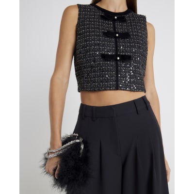 Black Boucle Sleeveless Bow Front Top