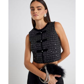 Black Boucle Sleeveless Bow Front Top