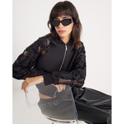 Black Boutique Sheer sleeve Bomber Jacket