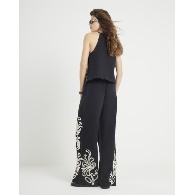 Black Broderie Wide Leg Trousers