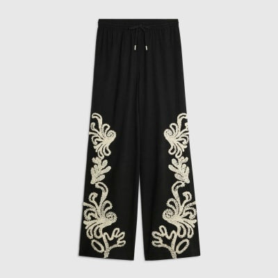 Black Broderie Wide Leg Trousers