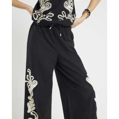 Black Broderie Wide Leg Trousers