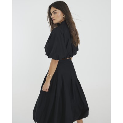 Black Bubble Hem Midi Skirt