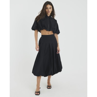 Black Bubble Hem Midi Skirt