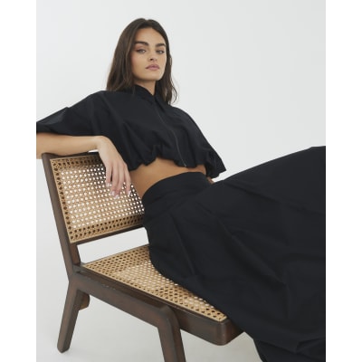 Black Bubble Hem Midi Skirt