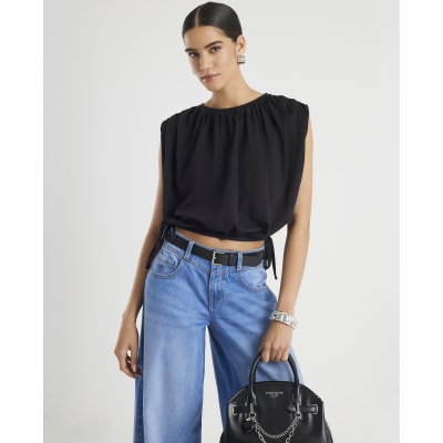 Black Bubble Hem Ruched Top