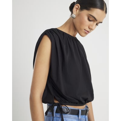 Black Bubble Hem Ruched Top