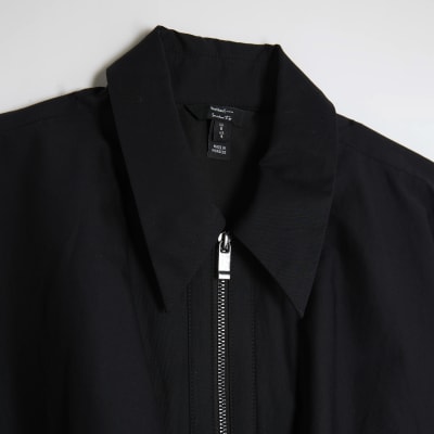 Black Bubble Hem Zip Front Cropped Shirt