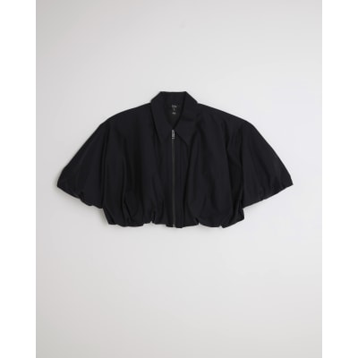 Black Bubble Hem Zip Front Cropped Shirt