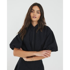 Black Bubble Hem Zip Front Cropped Shirt