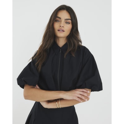 Black Bubble Hem Zip Front Cropped Shirt