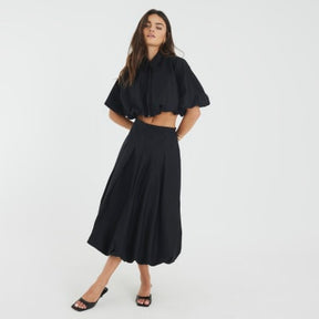 Black Bubble Hem Zip Front Cropped Shirt
