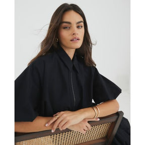 Black Bubble Hem Zip Front Cropped Shirt