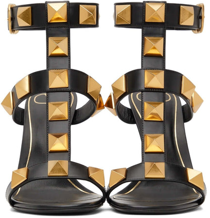 Valentino Garavani Black Calfskin Roman Stud 100 Heeled Sandals