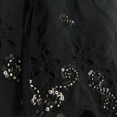 Black Chiffon Embellished Cutwork Blouse
