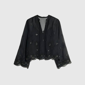 Black Chiffon Embellished Cutwork Blouse
