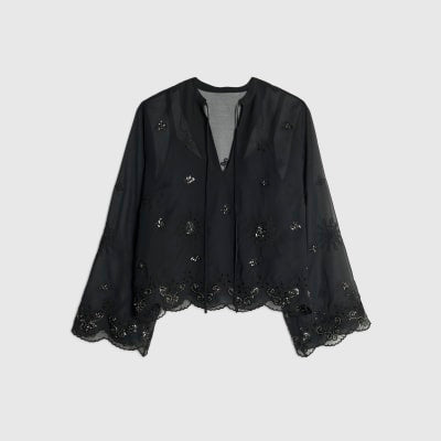 Black Chiffon Embellished Cutwork Blouse