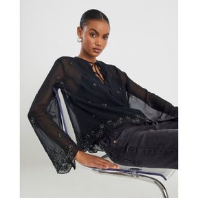 Black Chiffon Embellished Cutwork Blouse