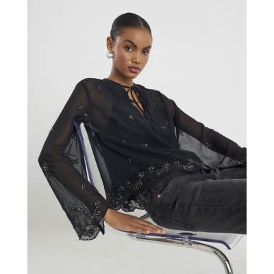Black Chiffon Embellished Cutwork Blouse