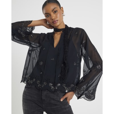 Black Chiffon Embellished Cutwork Blouse