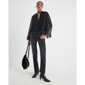 Black Chiffon Embellished Cutwork Blouse