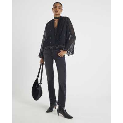 Black Chiffon Embellished Cutwork Blouse