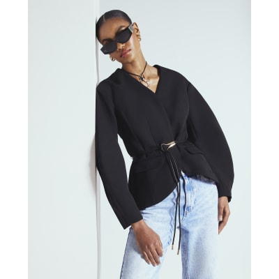 Black Cocoon Sleeve Belted Blazer