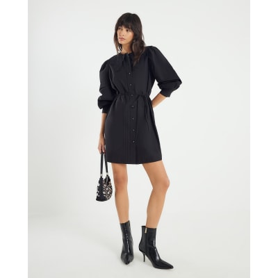 Black Collared Mini Shirt Dress