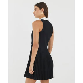 Black Collared Pleated Mini Dress