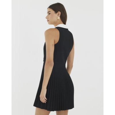 Black Collared Pleated Mini Dress