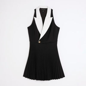 Black Collared Pleated Mini Dress