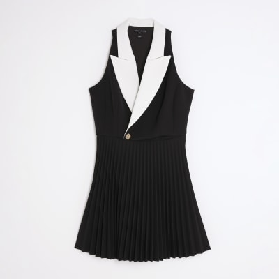 Black Collared Pleated Mini Dress