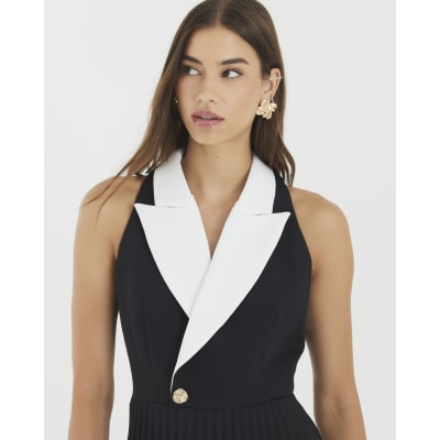 Black Collared Pleated Mini Dress
