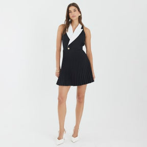 Black Collared Pleated Mini Dress