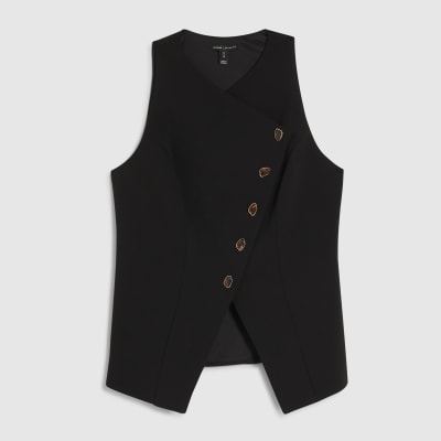 Black Collarless Asymmetric Waistcoat