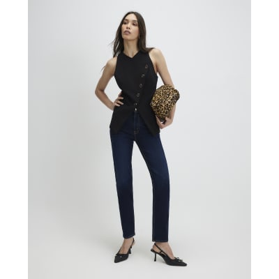 Black Collarless Asymmetric Waistcoat