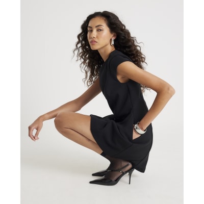 Black Contoured Cap Sleeve Mini Shift Dress
