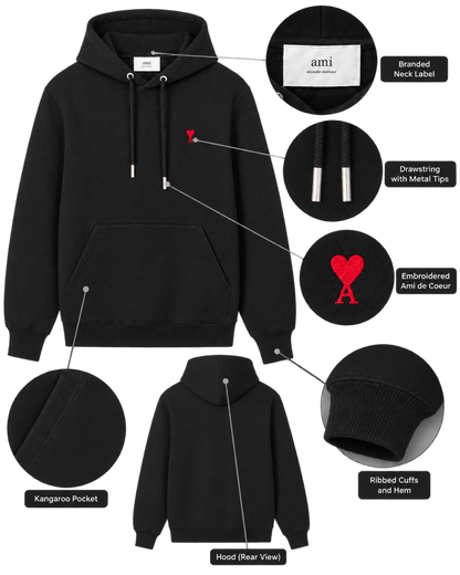Black cotton hoodie with Ami de Coeur