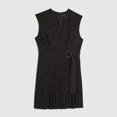 Black Curved Panel Pleated Mini Dress