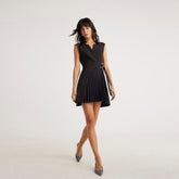 Black Curved Panel Pleated Mini Dress